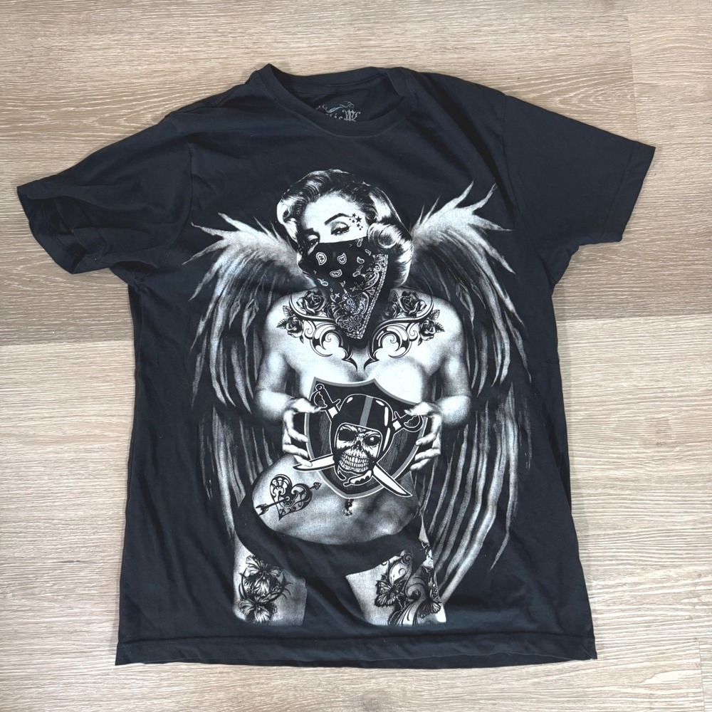 Y2K Konflic T-Shirt Men M Black Angel Wing Tattoo Raiders Skull Graphic Tee